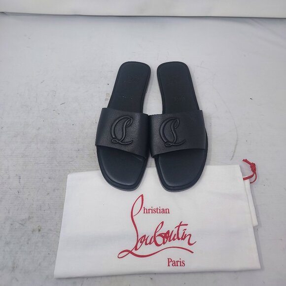 Christian Louboutin Black Flat CL Logo Mule Slide Sandal - Picture 1 of 10